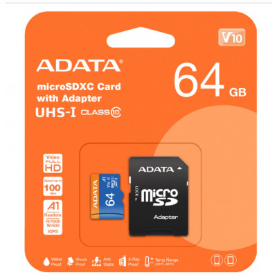 64 GB  Micro SD memory card Adata + SD Adapter, CLASS 10